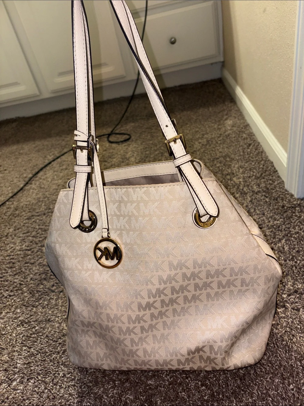 Authentic Michael Kors Cream-Beige MK Logo Shoulder Tote with Gold Accents